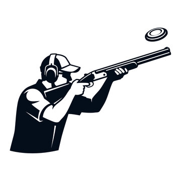 Professional clay pigeon shooter aiming shotgun at flying target in this minimalist black and white illustration