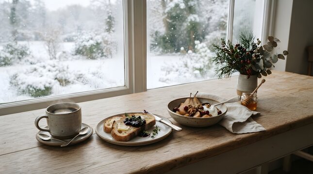 Cozy winter breakfast with coffee by a snowy window.