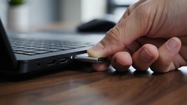 Hand inserting usb drive into laptop with slow motion close up technology workspace computer transfer storage device office wooden table video port data desk