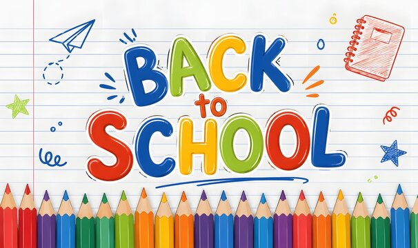 Colorful back to school text design with hand drawn doodles of pencils paper plane and notebook on a lined paper sheet background for education and academic season announcements