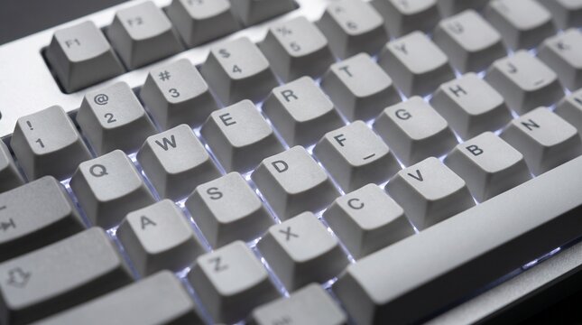 Close-up of a white backlit mechanical computer keyboard