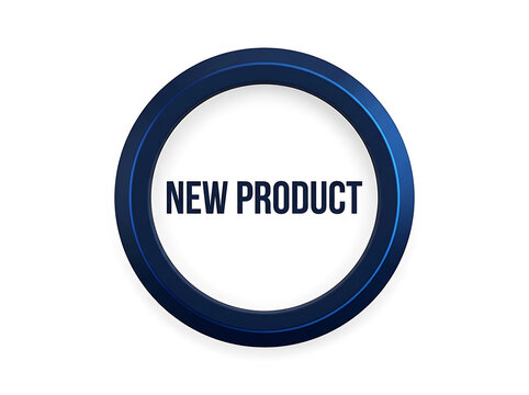Blue circular frame badge with new product text isolated on white background