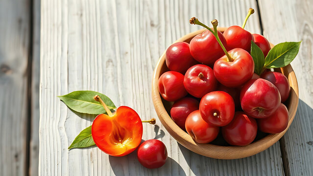 Fresh acerola cherries in wooden bowl with leaves on grey table, healthy fruit and natural food concept