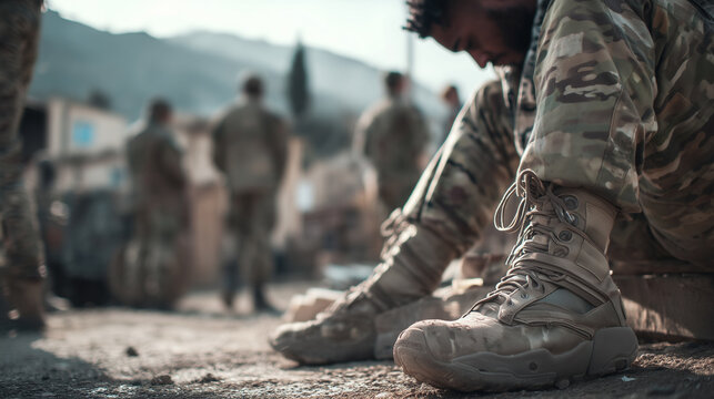 Close-up of military boots and camouflage uniforms during an outdoor training exercise, symbolizing army service, discipline, teamwork, readiness and professional military preparation.