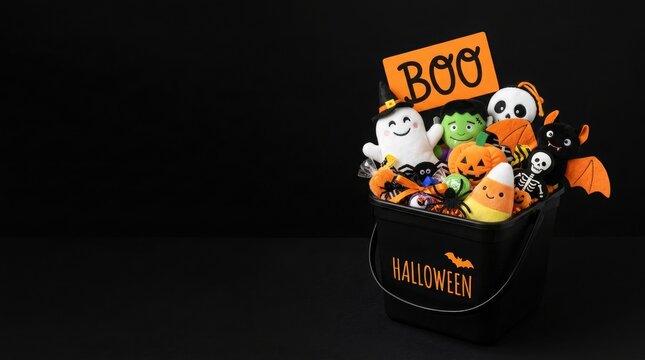 Halloween trick or treat bucket filled with plush toys and Boo sign on black background