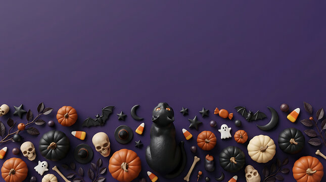 Halloween objects arranged in a border with a black cat during twilight conceptual