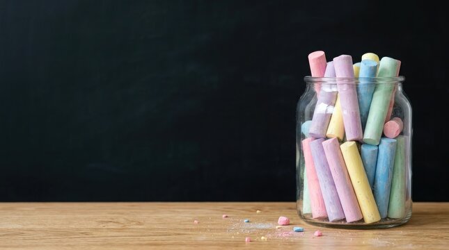 Glass jar filled with colorful sidewalk chalk sticks on a wooden table against blackboard