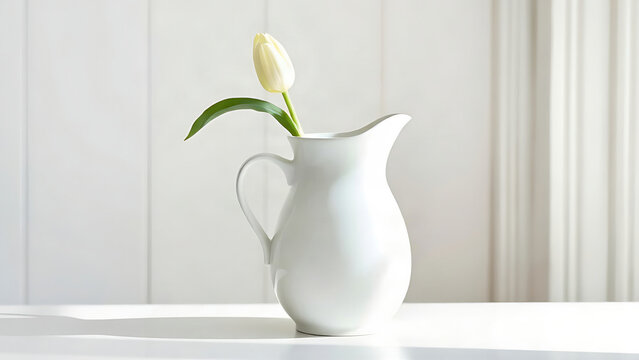 White ceramic milk pitcher with single tulip on white tabletop, minimalism and purity concept