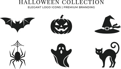 Fototapeta premium Vintage halloween icons including a bat pumpkin witch hat spider ghost and black cat