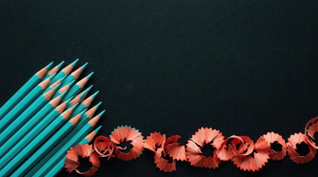 Turquoise pencils and red wood shavings on a dark black background with copy space