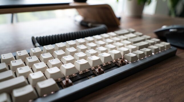 Custom mechanical keyboard with white keycaps on a wooden desk