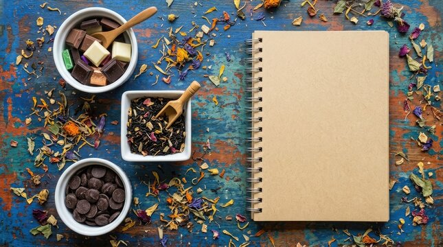 Blank sketchbook with chocolate and tea leaves on a rustic blue wooden table background