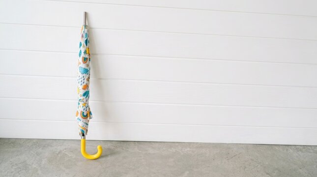 Closed colorful umbrella with yellow handle leaning against a white brick wall