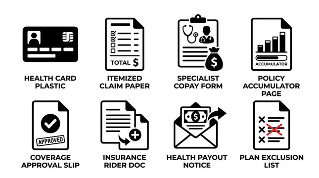 Set of black and white health insurance and medical claim icons featuring health card plastic itemized claim paper specialist copay form policy accumulator page coverage approval slip insurance