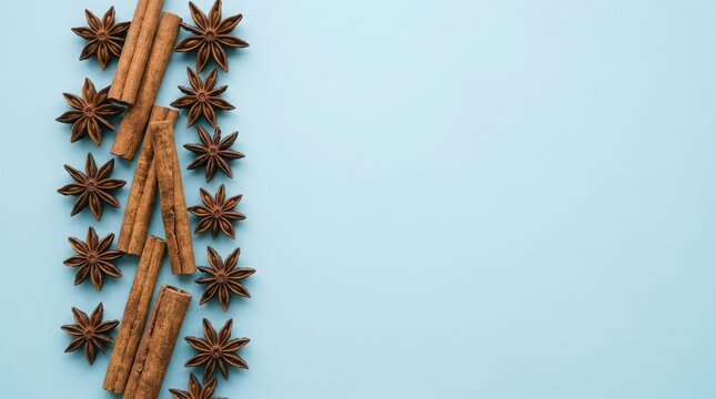 Cinnamon sticks and star anise spices arranged on a light blue background with copy space