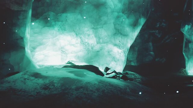 In a dark ice cave, light shines from glowing walls. Rocks are scattered on the ground. A person stands still, taking in the view of this natural wonder. The cave is cold and quiet.