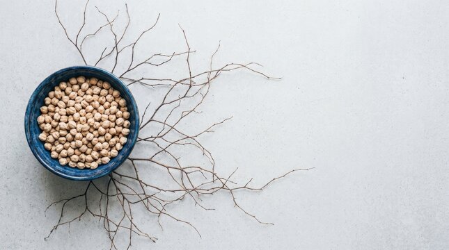 Raw chickpeas in a blue bowl on a textured stone surface with decorative twigs.