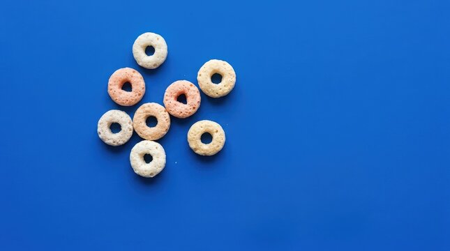 Colorful cereal loops scattered on a vibrant blue background for breakfast food concepts.