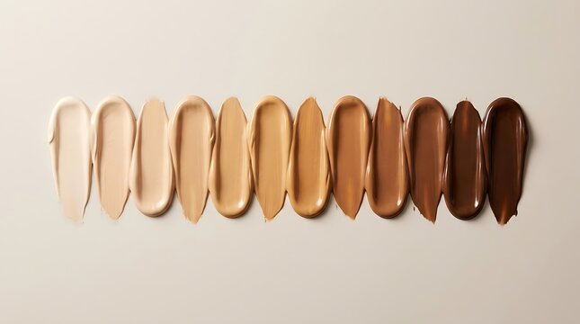 A row of various liquid foundation makeup smears in different skin tones ranging from light to dark shades displayed horizontally for beauty product testing. skintone palette