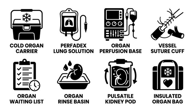 Medical vector icons featuring cold organ carrier lung solution perfusion base suture cuff waiting list rinse basin insulated bag transplant healthcare equipment hospital collection solution