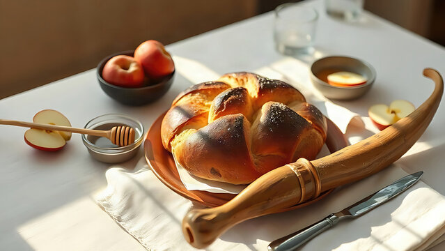 Rosh Hashanah table setting with round challah, apples, honey dipper, and shofar, Jewish new year and holiday concept