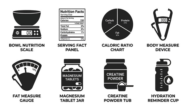 Nutritional intake and body measurement icon set featuring bowl scales serving fact panels calorie ratio charts supplement bottles nutritional measurement supplement nutrition magnesium creatine