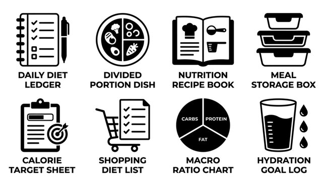Set of diet and nutrition tracking icons in black and white silhouette style showing ledgers portion dishes charts with tracking nutrition shopping hydration silhouette isolated wellness