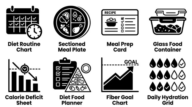 Black and white vector icon set representing diet routines meal preparation calorie deficit hydration trackers with preparation hydration nutrition sectioned container collection lifestyle