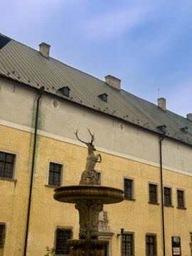 Deer statue fountain in courtyard. A fountain features a deer statue in a courtyard surrounded by tall buildings with a simple design and clear sky above.