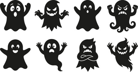 Obraz premium Collection of spooky black silhouette ghosts in various playful and frightening poses for halloween designs