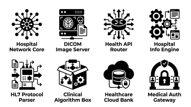 Hospital network core and healthcare cloud information technology icon set in black and white with hospital healthcare information technology protocol clinical algorithm security collection