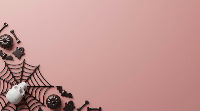 Halloween still life with skull spiderweb and pumpkins on pink surface for seasonal promotion