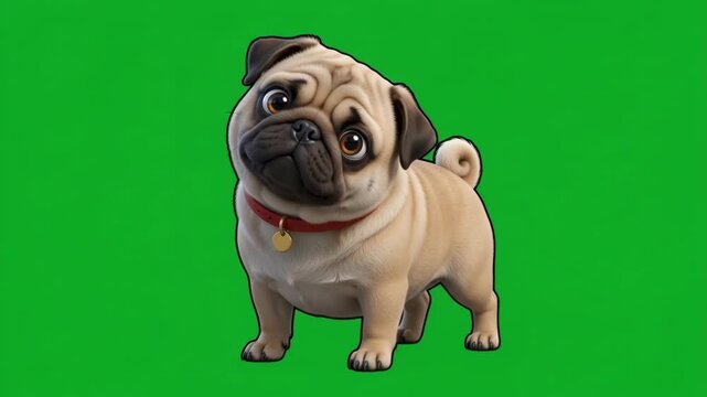 Cute little pug dog with an adorable expression, standing on a green background, perfect for pet-related designs and animal themes.