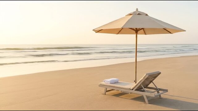 Beach chair and umbrella on sand