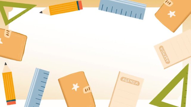School supplies frame with cute element. Back to school animation blank for ads, commercial, event, educational background. Animated in 4K.