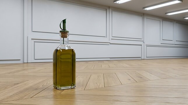 Fresh Olive Oil Bottle on Wooden Floor in Modern Kitchen