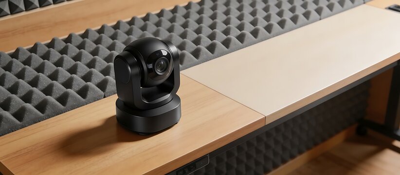 Professional black PTZ camera on wooden desk in soundproofed acoustic studio environment