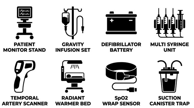 Collection of medical hardware vector icons including patient monitor stand gravity infusion set and temporal artery scanner with equipment hospital healthcare clinical infusion defibrillator