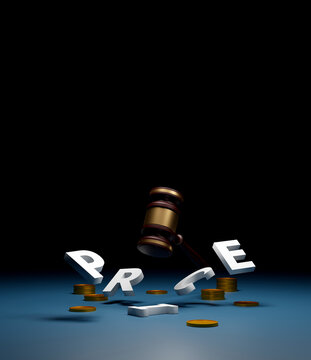 Price smashing discount concept with gavel, broken PRICE letters and gold coins on dark background