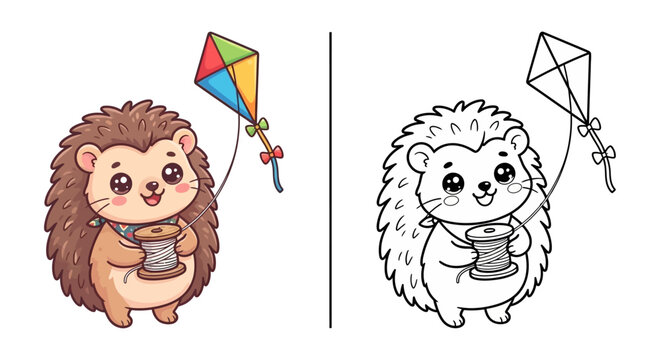 Cute kawaii hedgehog flying kite kids coloring page vector