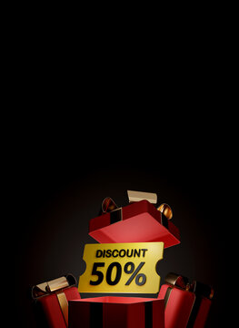 50 percent discount sale concept with gift boxes, coins and copy space on dark background