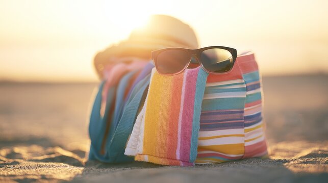 Beach items in resort bag on sand