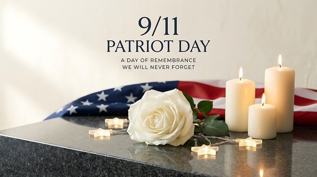 Patriot Day September 11 Remembrance Background with White Rose Burning Candles and American Flag