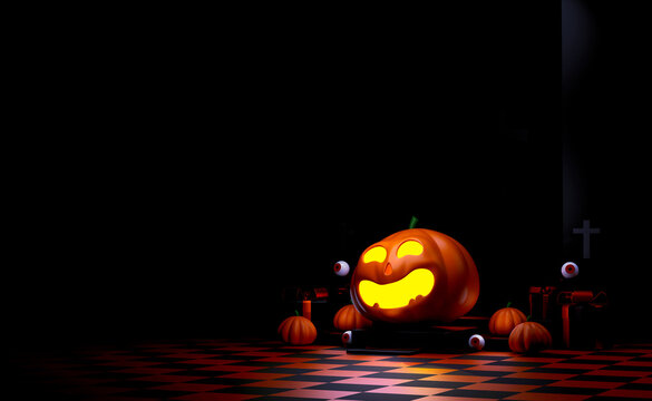 Glowing Halloween Pumpkin in Dark Cemetery Scene with Coffin and Cross 3D Render