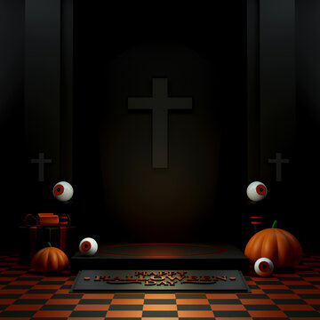 Halloween 3D podium background with pumpkins, eyeballs, gift boxes and dark spooky display scene