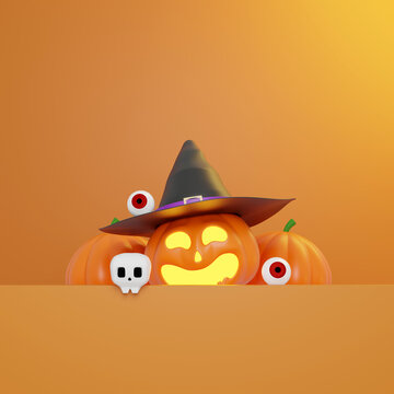 Cute Halloween pumpkin character with witch hat, skull and eyeballs on orange 3D background
