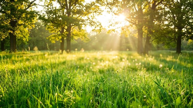 Beautiful sunny meadow with lush green grass and trees during a warm golden hour summer sunset