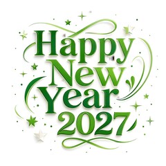 Fototapeta premium Happy new year 2027 greeting card design with elegant green lettering and decorative stars and swirl flourishes for a festive holiday celebration and seasonal winter party event