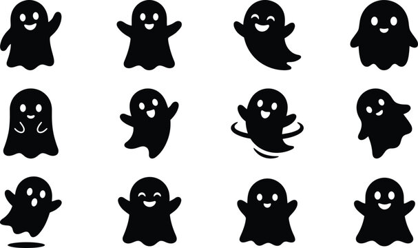 Set of cute black ghost silhouettes for fun halloween party decorations and spooky graphic design projects