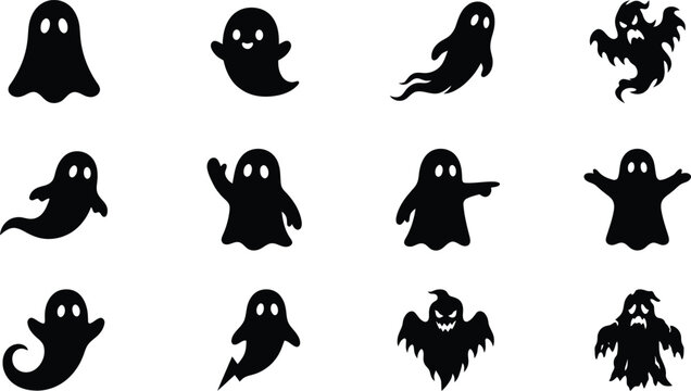Set of twelve spooky ghost silhouettes for creative halloween party decorations and festive seasonal graphic design projects